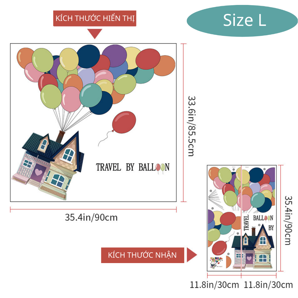 Decal Dán Tường Ngôi Nhà Bóng Bay Hoạt Hình Up Có Keo Sẵn 90x85.5cm - Trang Trí Phòng Ngủ Cho Bé