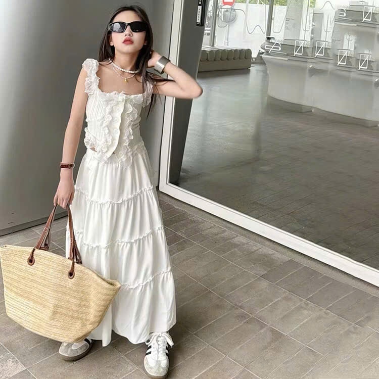 Sét đồ bé gái áo ren phối chân váy dáng dài phong cách tiểu thư Hàn Quốc cho mẹ và bé gái