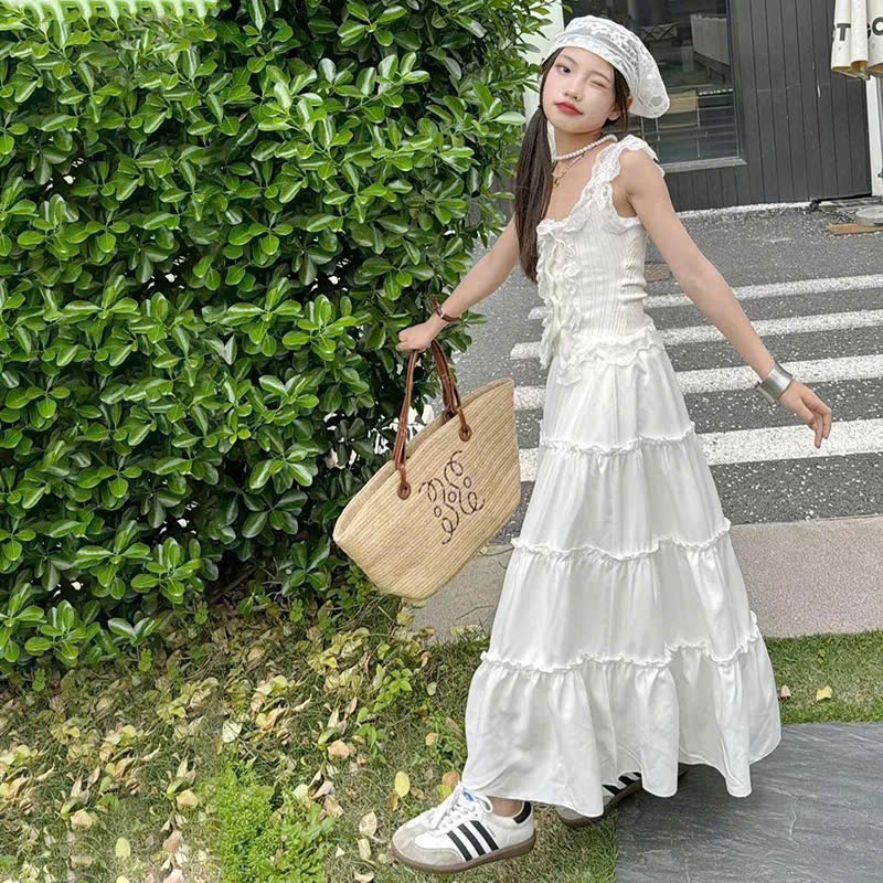 Đầm maxi trắng tiểu thư  bèo tầng dáng dài nữ tính nhẹ nhàng đi biển du lịch chụp ảnh cực xinh