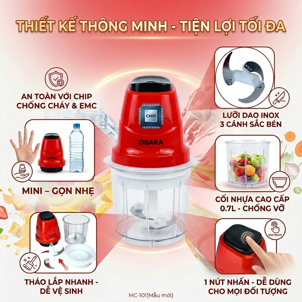 Máy Xay Thịt Mini OSAKA MC-101 Dung Tích 0.7L Công Suất 200W - Cối Nhựa Chống Vỡ