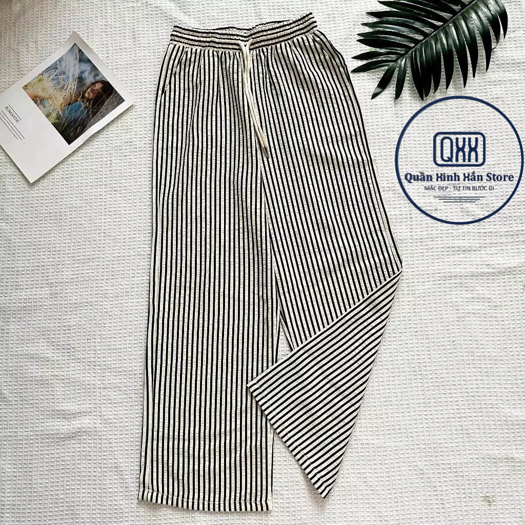 Quần Dài Kẻ Sọc Ống Rộng vải cotton xốp form mềm rũ phong cách Hàn Quốc