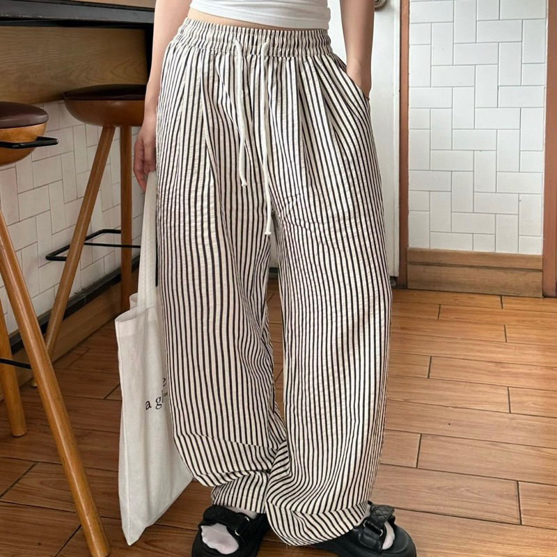 Quần Dài Kẻ Sọc Ống Rộng vải cotton xốp form mềm rũ phong cách Hàn Quốc