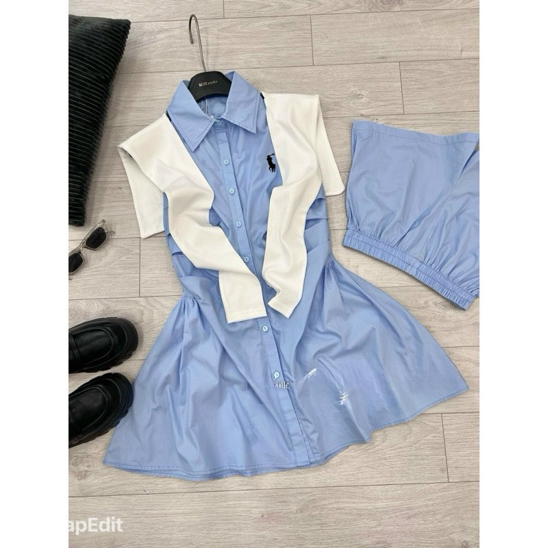 Set sơ mi xanh kèm khăn phong cách Hàn Quốc, set đồ bé đi học đi chơi