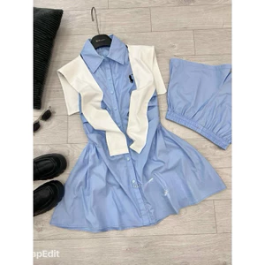 Set sơ mi xanh kèm khăn phong cách Hàn Quốc, set đồ bé đi học đi chơi