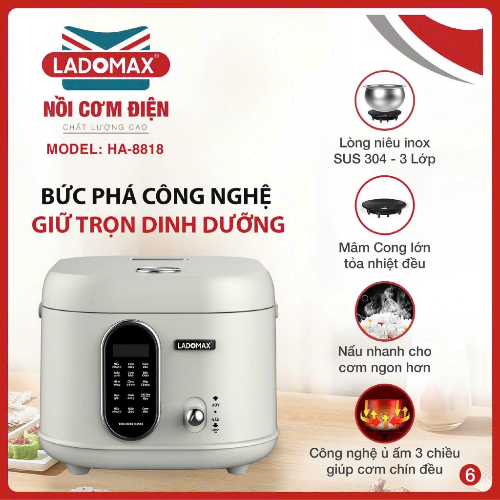 NỒI CƠM ĐIỆN XÁCH TAY THÔNG MINH LADOMAX Model: Ha-8818_Inox