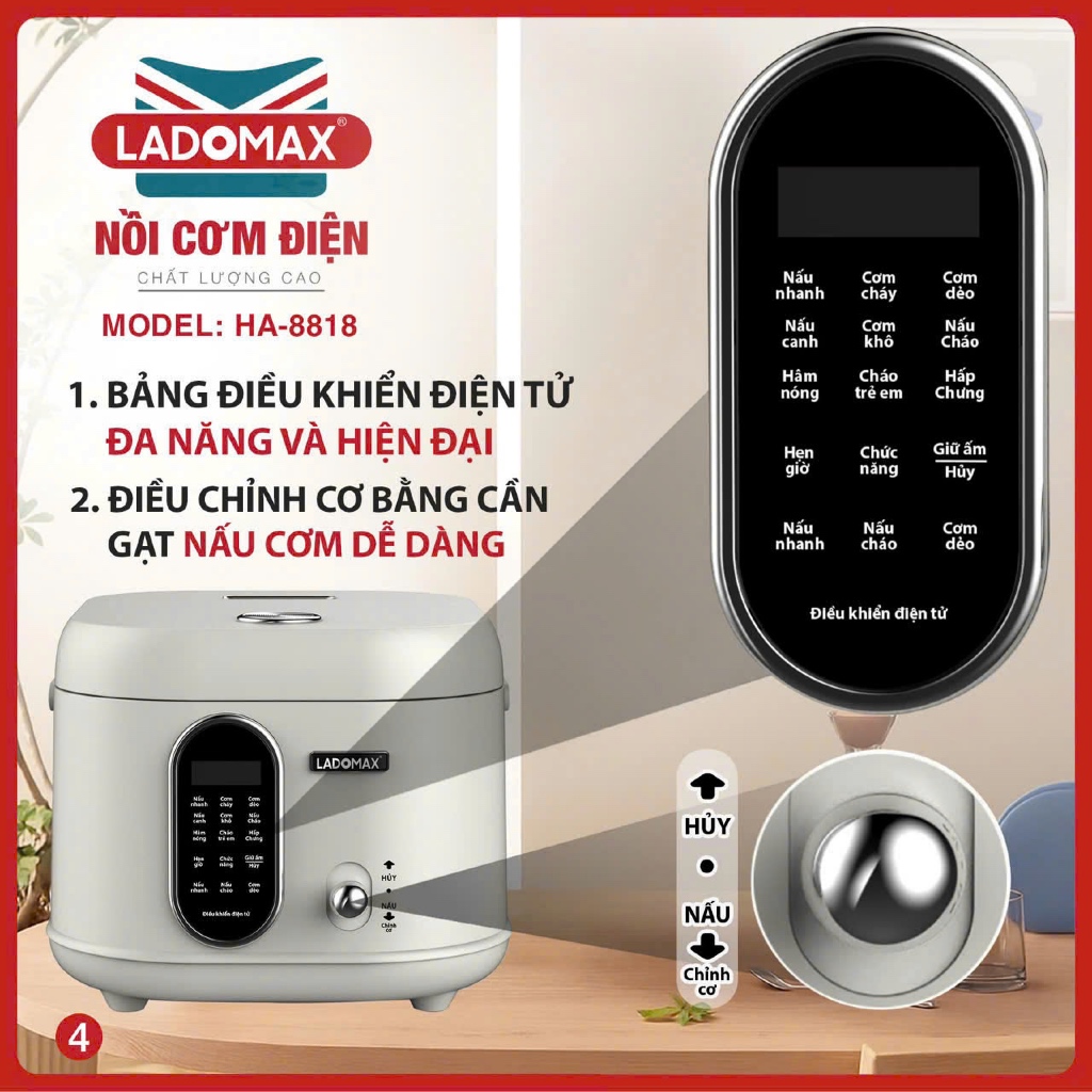 NỒI CƠM ĐIỆN XÁCH TAY THÔNG MINH LADOMAX Model: Ha-8818_Inox