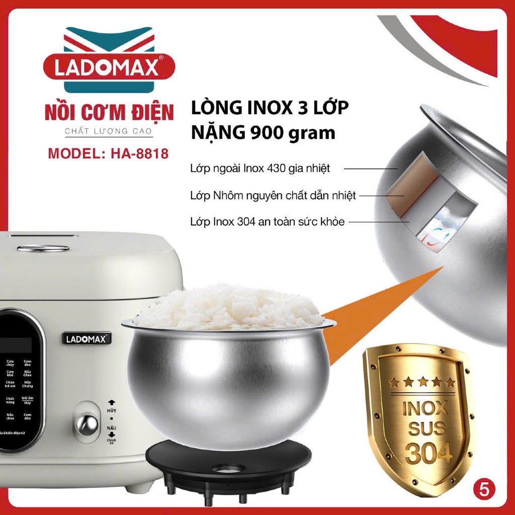 NỒI CƠM ĐIỆN XÁCH TAY THÔNG MINH LADOMAX Model: Ha-8818_Inox
