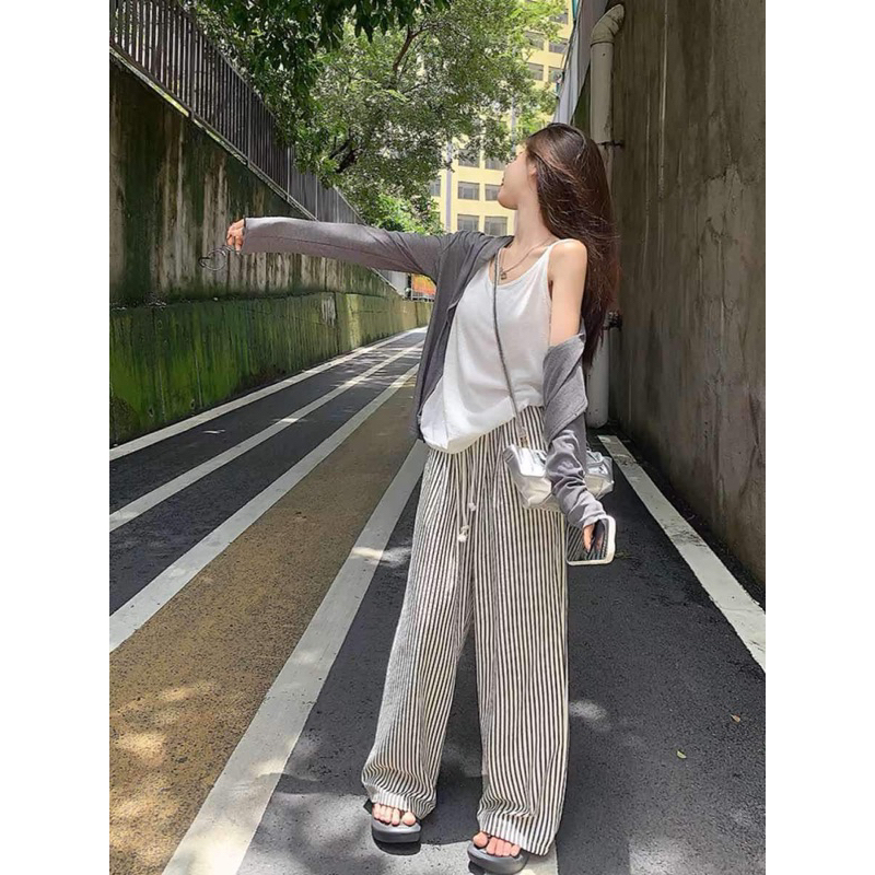 Quần Dài Kẻ Sọc Ống Rộng vải cotton xốp form mềm rũ phong cách Hàn Quốc
