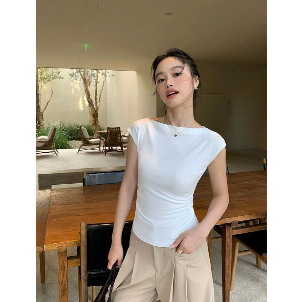 [CÓ SIZE] Áo Thun Nữ Tay Hến Cổ Thuyền Nhún Eo Basic RANSHI Ôm Body Tôn Dáng Chất Thun Cotton Mềm Mát - RA358