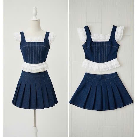 Set bé gái chất jean phối ren, Áo croptop mix cùng chân váy xếp ly năng động