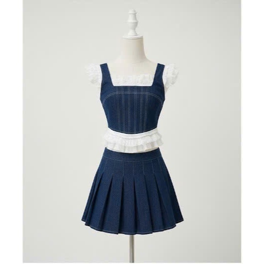 Set bé gái chất jean phối ren, Áo croptop mix cùng chân váy xếp ly năng động