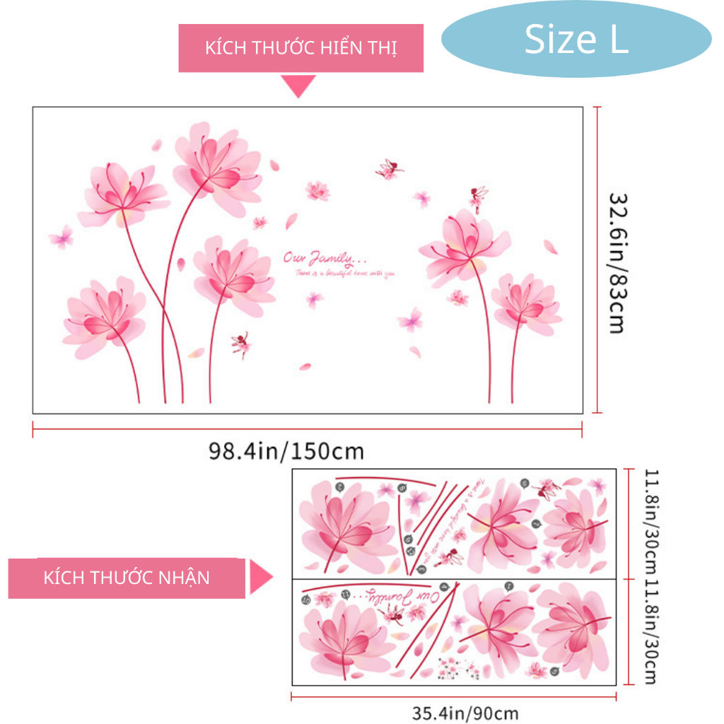 Decal Dán Tường Hoa Cỏ Bướm Hồng Có Keo Sẵn 105x83cm - Trang Trí Phòng Khách Phòng Ngủ