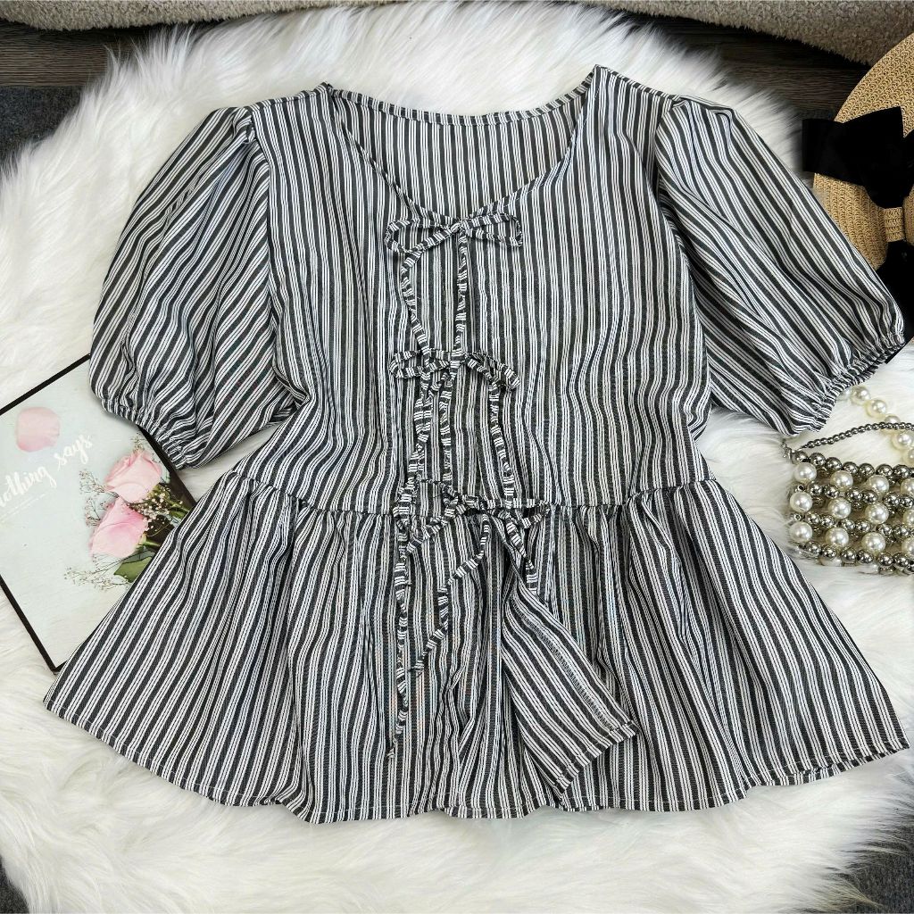 Áo Babydoll Kẻ Bigsize Nữ Nơ Tay Bồng bo chun siêu hot, áo nữ kiểu dáng Hàn Quốc 50-95kg