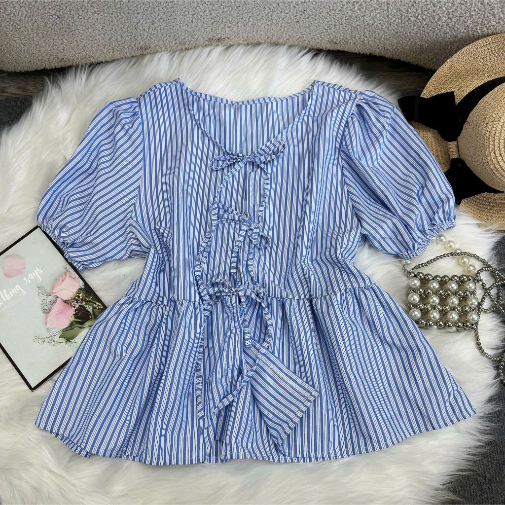 Áo Babydoll Kẻ Bigsize Nữ Nơ Tay Bồng bo chun siêu hot, áo nữ kiểu dáng Hàn Quốc 50-95kg