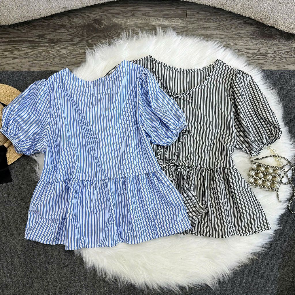 Áo Babydoll Kẻ Bigsize Nữ Nơ Tay Bồng bo chun siêu hot, áo nữ kiểu dáng Hàn Quốc 50-95kg