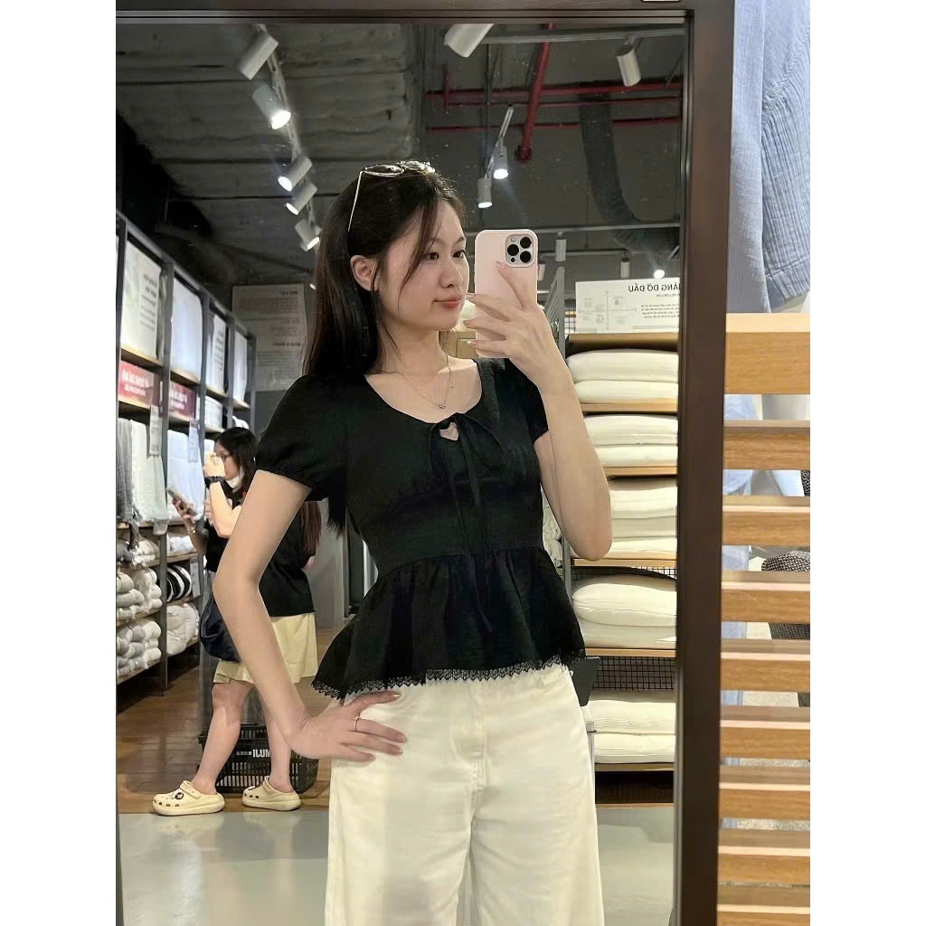 Áo Kiểu Nơ Buộc Bo Eo Tay Bồng Pha Ren  MA3117777