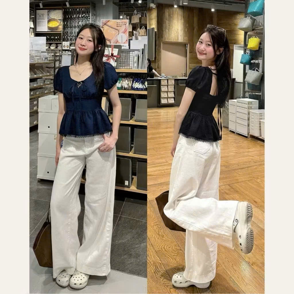 Áo Kiểu Nơ Buộc Bo Eo Tay Bồng Pha Ren D52289
