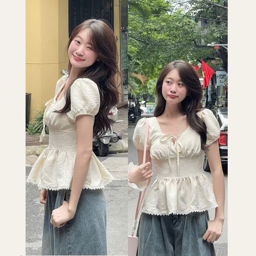 Áo Kiểu Nơ Buộc Bo Eo Tay Bồng Pha Ren D52289
