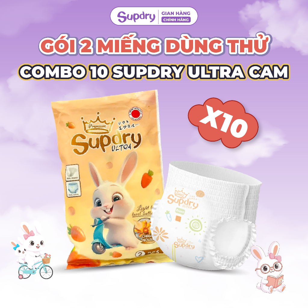 COMBO 10 - 20 Miếng Dùng Thử Tã/Bỉm Supdry Ultra Cam Cao Cấp, Chống Hăm, Siêu Thấm Hút cho bé 4kg-20kg