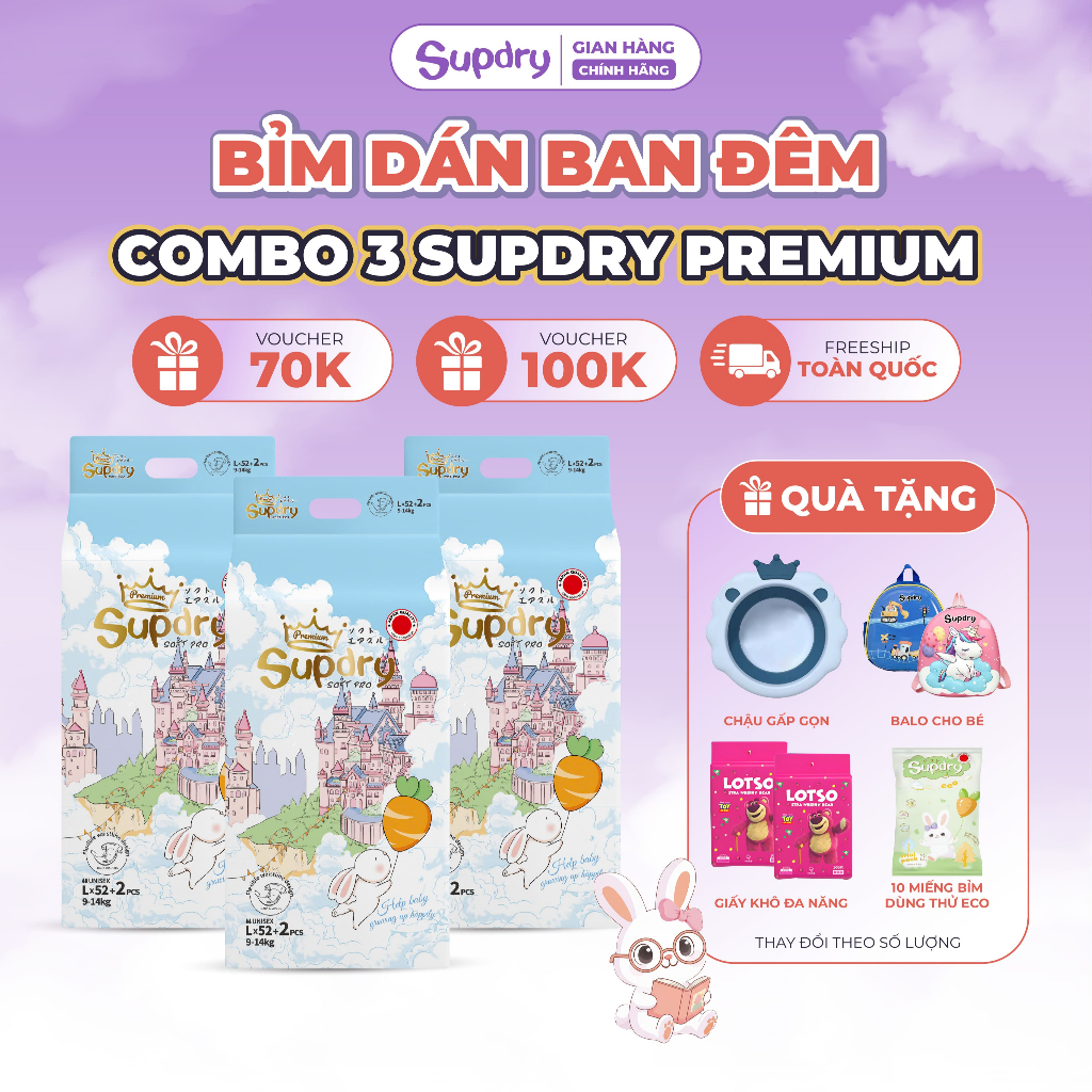 (CÓ QUÀ) COMBO 3 Tã Bỉm Dán Supdry Premium, Bỉm Supdry Xanh Thấm Hút, Khô Thoáng size NB/S/M/L/XL/XXL/XXXL bé 4kg-20kg