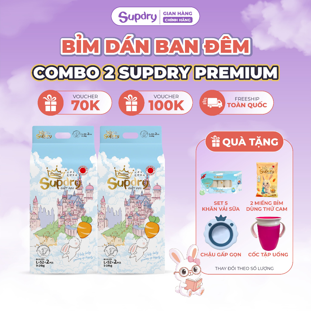 (CÓ QUÀ) COMBO 2 Tã Bỉm Dán Supdry Premium, Bỉm Supdry Xanh Thấm Hút, Khô Thoáng size NB/S/M/L/XL/XXL/XXXL bé 4kg-20kg