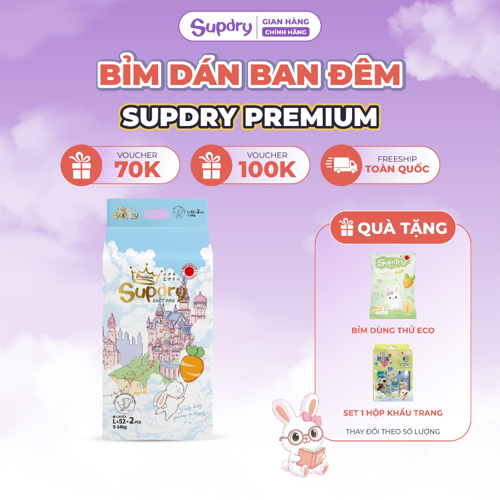 (CÓ QUÀ) Tã Bỉm Dán Supdry Premium, Bỉm Supdry Xanh Siêu Thấm Hút, Khô Thoáng size NB/S/M/L/XL/XXL/XXXL cho bé 4kg-20kg