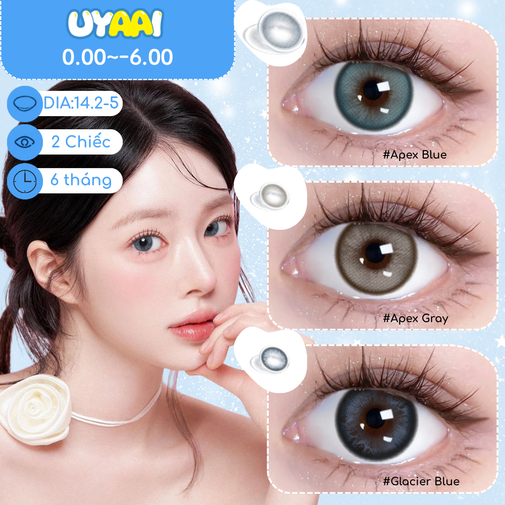 [0-6 độ] kính áp tròng MCK1 cận thị 14,2-14,50mm, dùng một lần nửa năm, tròng kính màu xanh, tròng kính màu xám