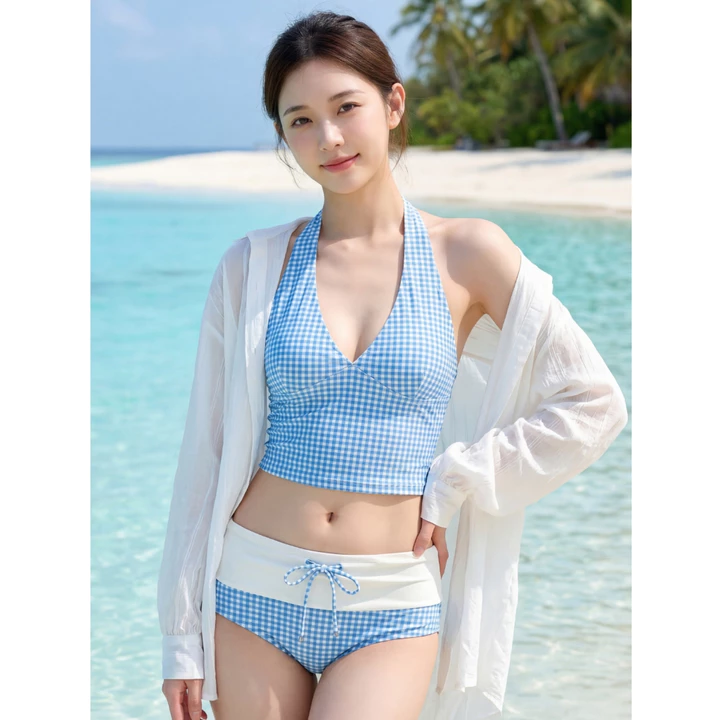 Set Bikini Đi Biển Họa Tiết Caro 2 Màu Xanh, Nâu Hot Trend, Set Đồ Đi Biển Kín Đáo Cổ Yếm Ôm Dáng - H30