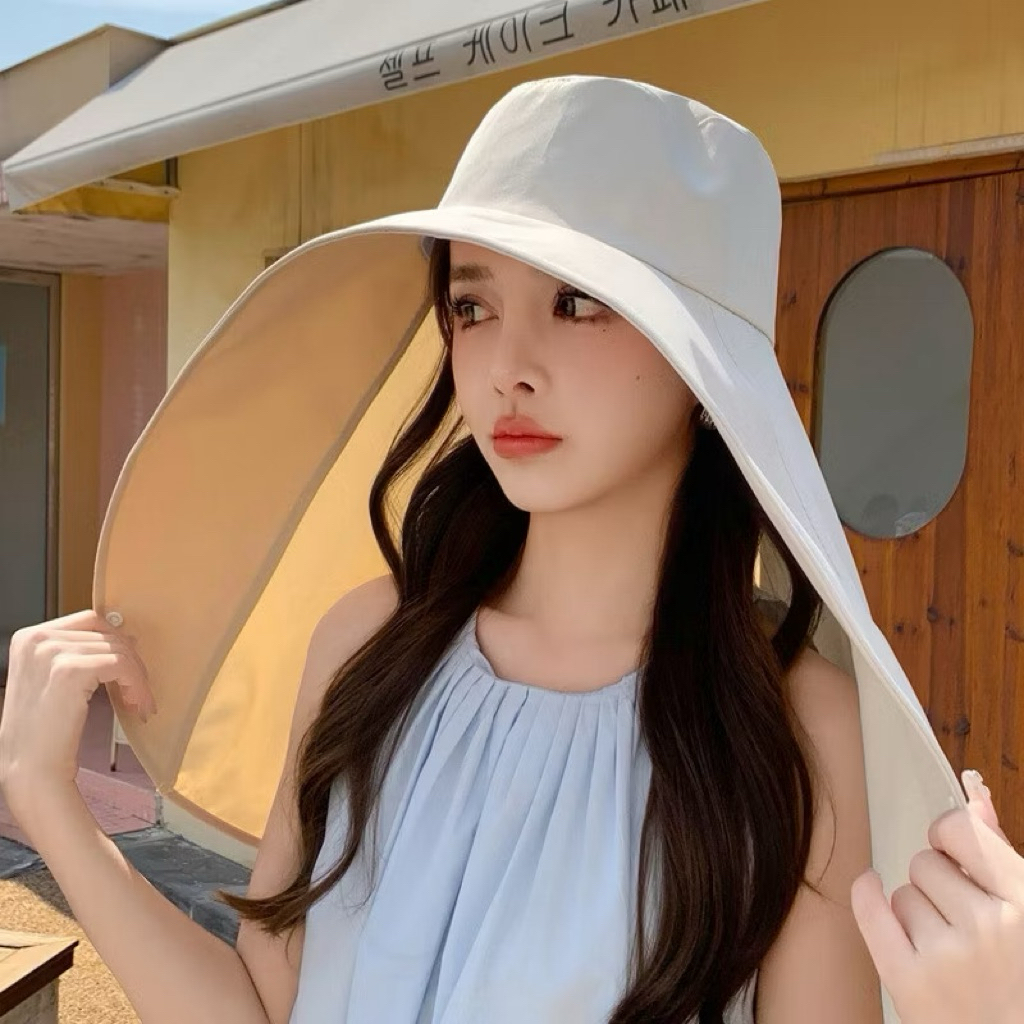 Mũ vành rộng chống nắng chùm đầu và cổ, vải cotton chống nắng toàn diện