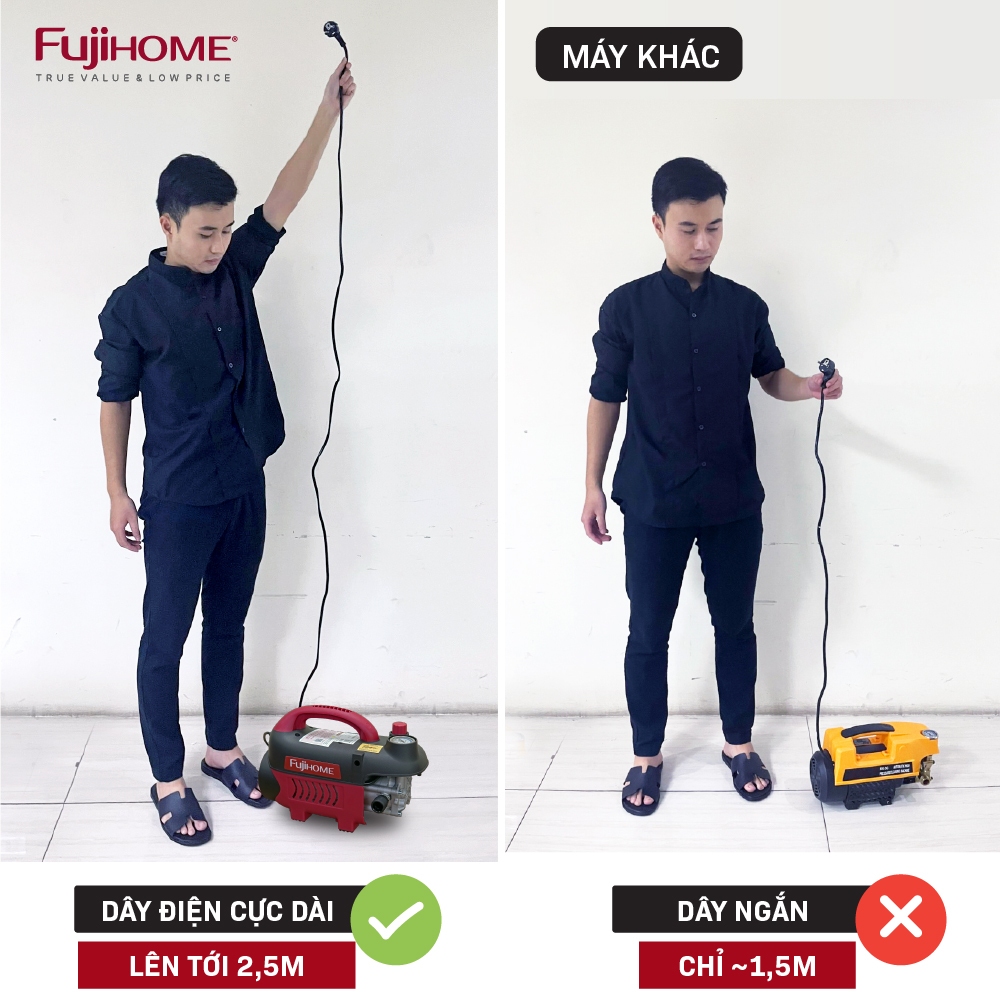 Máy xịt rửa xe cao áp FUJIHOME Nhập khẩu, máy rửa xe điều chỉnh bơm tăng áp lực nước ô tô xe máy gia đình đa năng