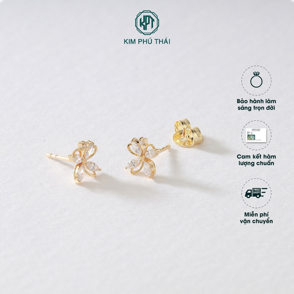 Bông Tai Nữ KIM PHÚ THÁI Vàng 10K Hoa 4 Cánh Đính Đá CZ Cao Cấp – BTV43