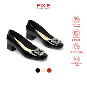 Giày Cao Gót Nữ 4cm Mũi Vuông Phối Khóa Vuông Đính Đá Pixie H442
