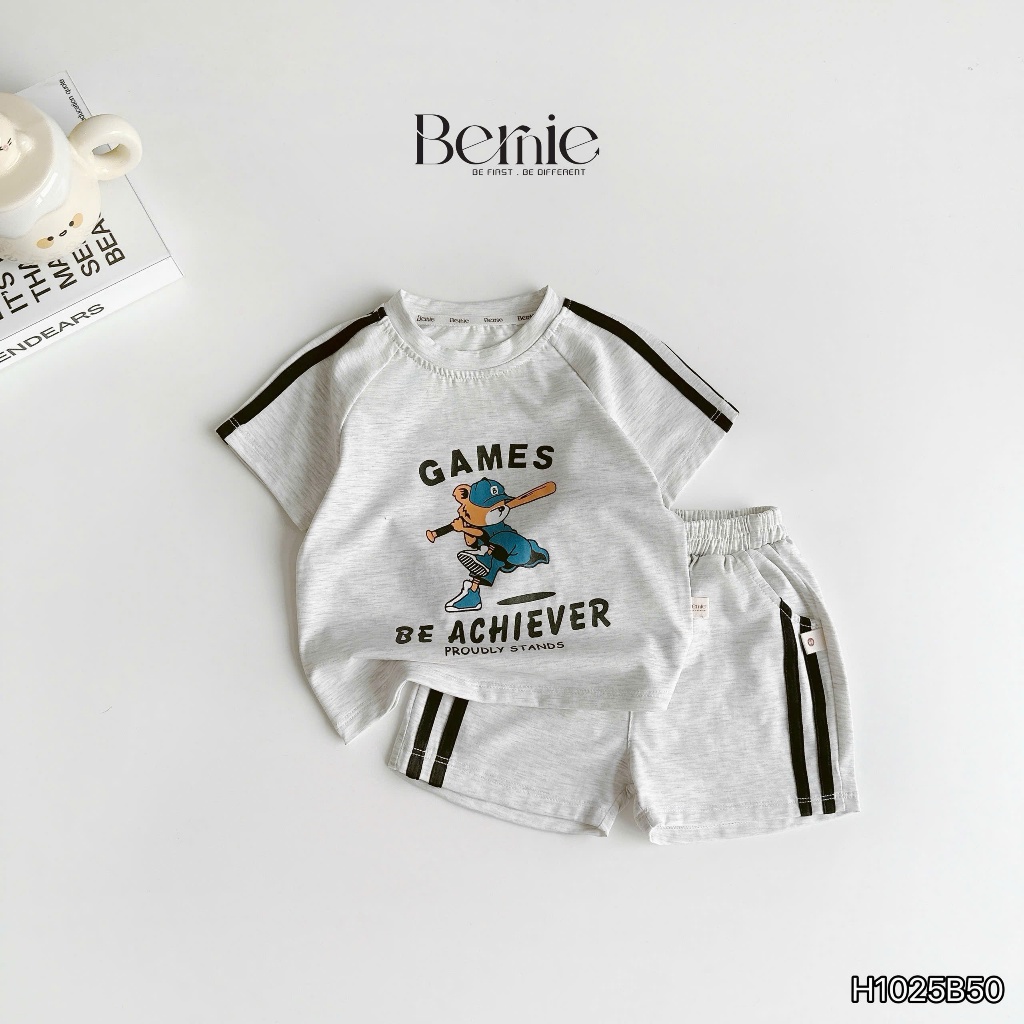 Bộ cotton bé trai in hoạ tiết, bộ thun phong cách thể thao vải cotton mềm mát cho bé