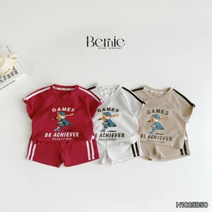 Bộ cotton bé trai in hoạ tiết, bộ thun phong cách thể thao vải cotton mềm mát cho bé
