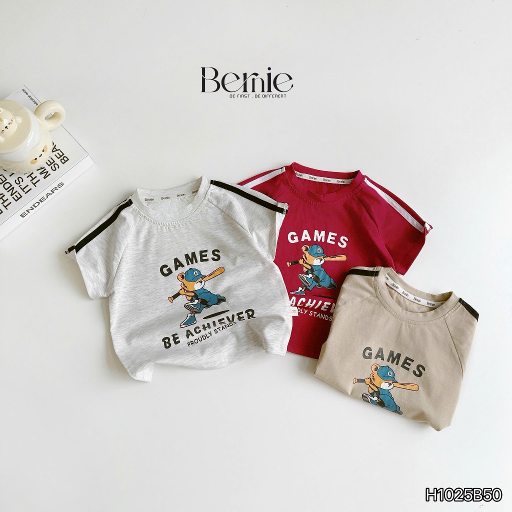 Bộ cotton bé trai in hoạ tiết, bộ thun phong cách thể thao vải cotton mềm mát cho bé