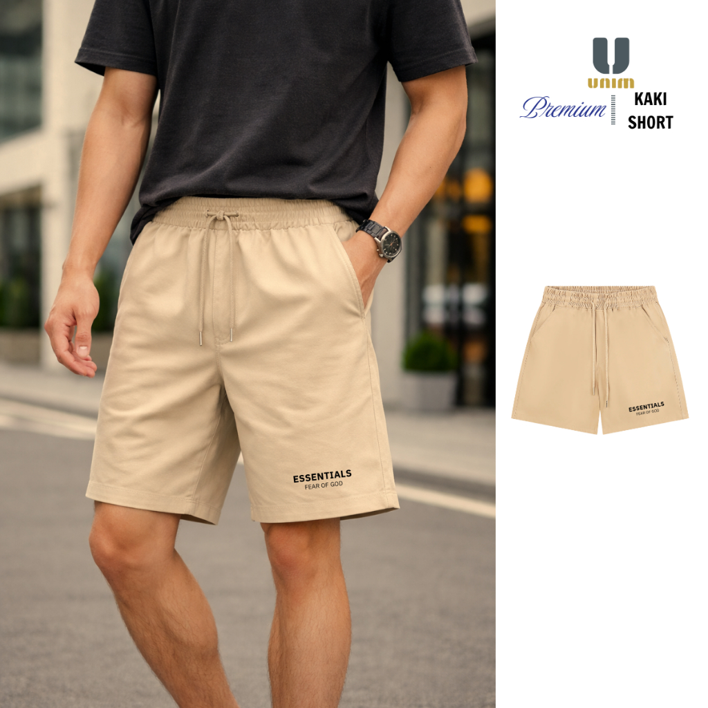 Quần Short Kaki Essentilas Unim Fashion Hình In Cao Su Hiện Đại Form Xuông Unisex Cạp Co Giãn Vận Động Thoải Mái