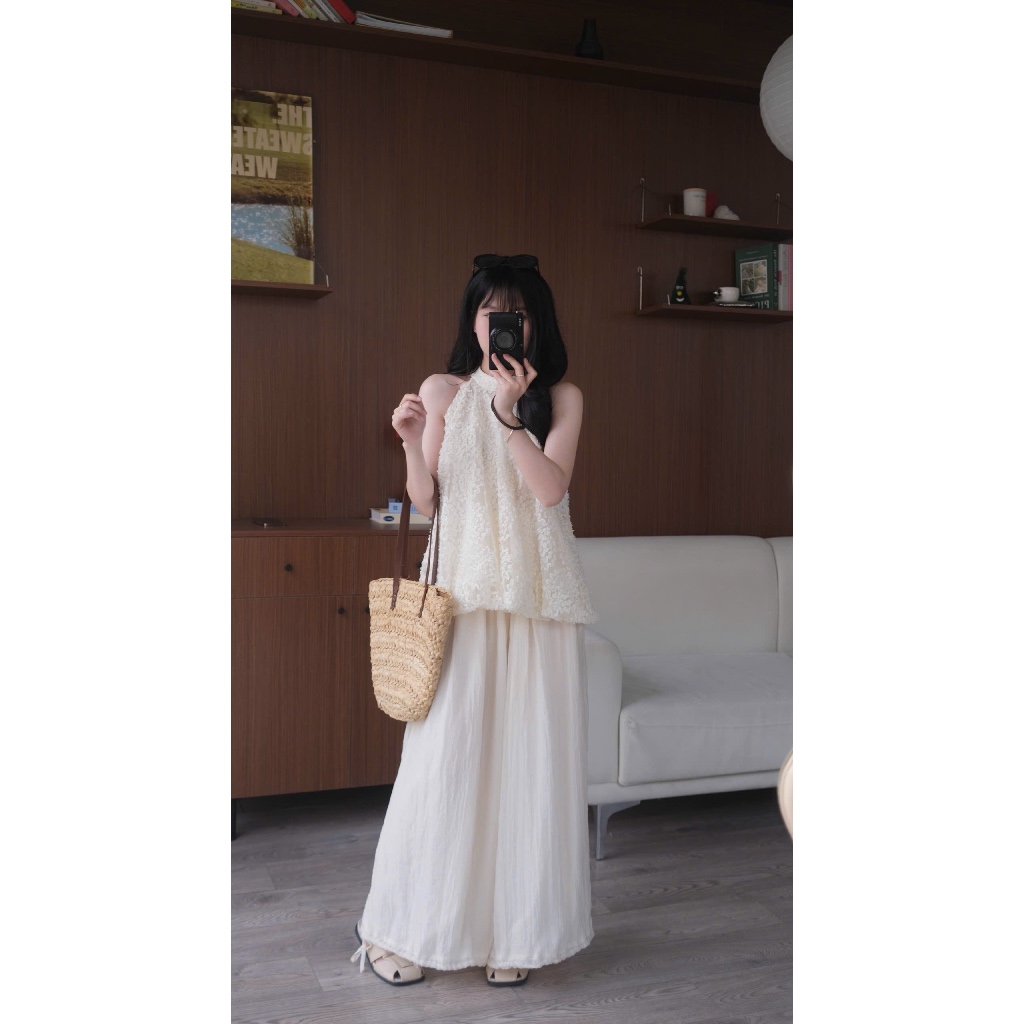 Quần voan tơ màu kem be dây rút gấu Nữ the.sweaterweather TSW