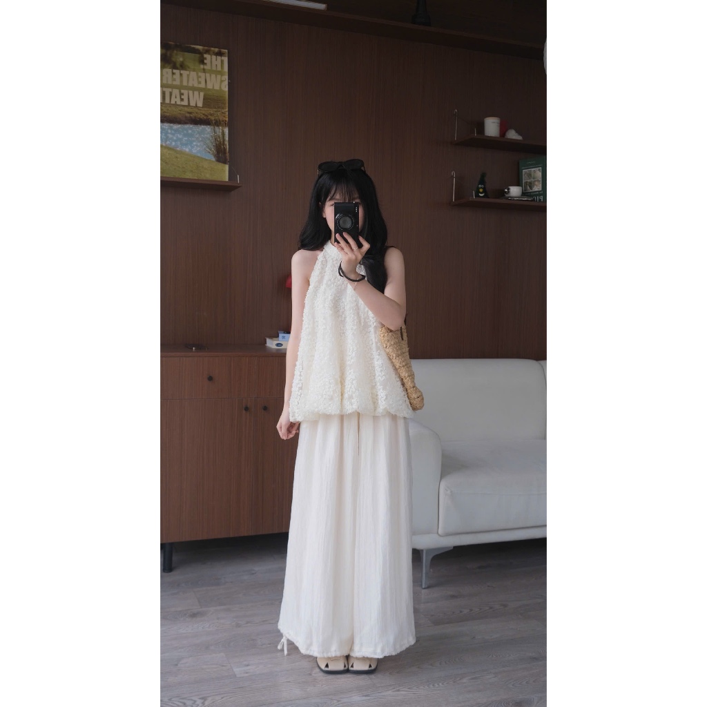 Quần voan tơ màu kem be dây rút gấu Nữ the.sweaterweather TSW