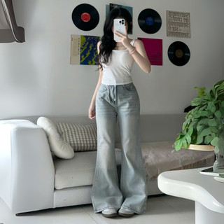 Quần Jean Nữ Ống Loe Siêu Rộng Avo Avocado Chất Vải Jean Mềm Không Co Giãn Không Phai Màu Bigsize Màu Xanh Retro Wash