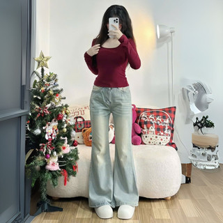 Quần Jean Nữ Ống Loe Siêu Rộng Avo Avocado Chất Vải Jean Mềm Không Co Giãn Không Phai Màu Bigsize Màu Xanh Retro Wash