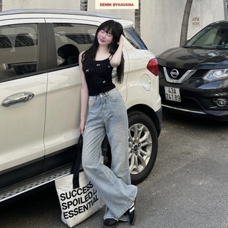Quần Jean Nữ Ống Loe Siêu Rộng Avo Avocado Chất Vải Jean Mềm Không Co Giãn Không Phai Màu Bigsize Màu Xanh Retro Wash