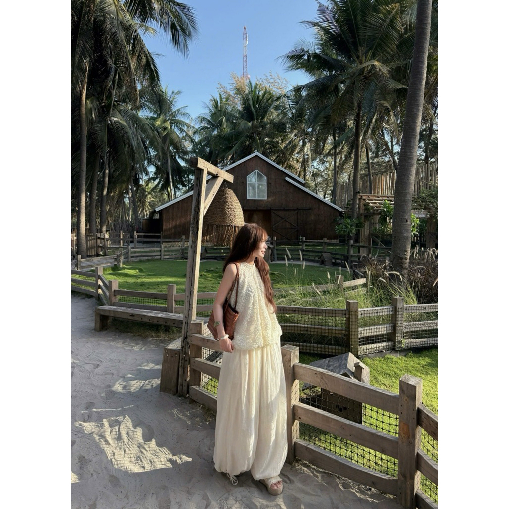 Quần voan tơ màu kem be dây rút gấu Nữ the.sweaterweather TSW