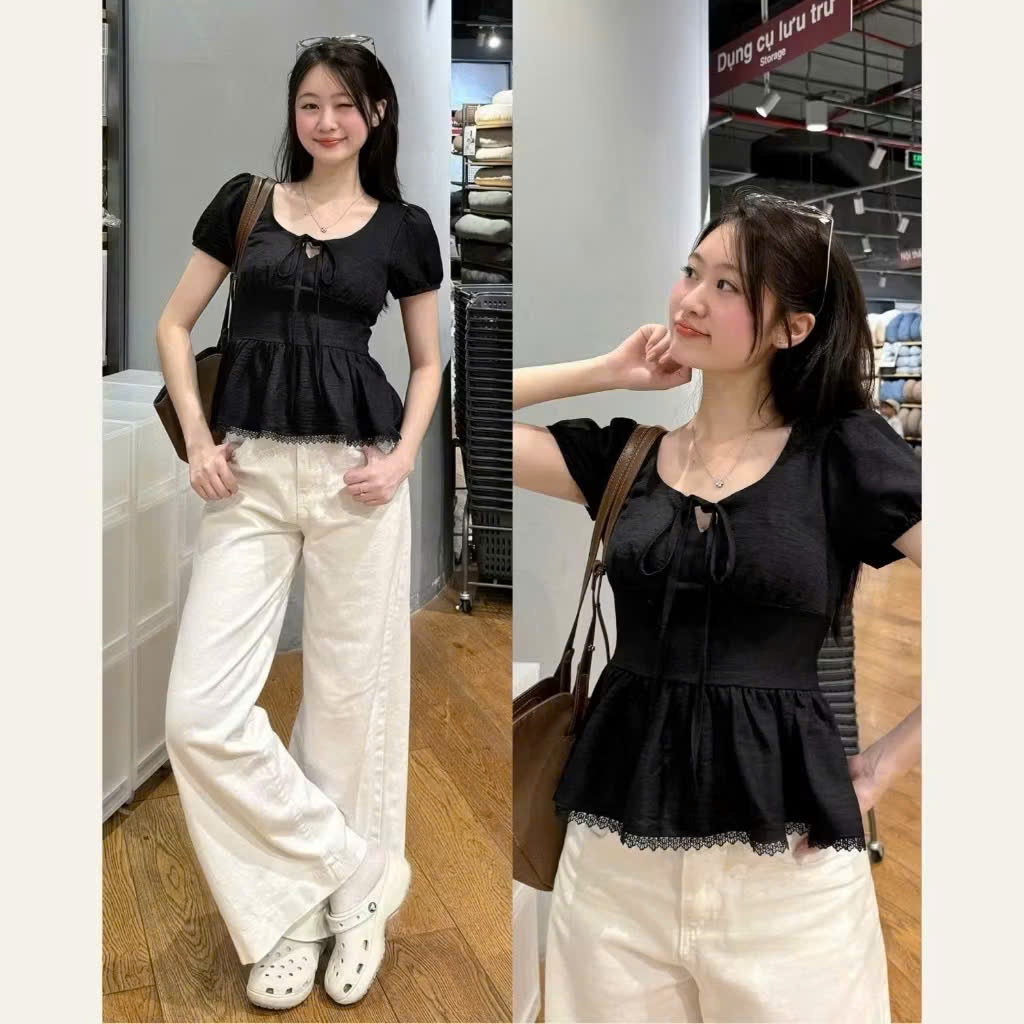 Áo Kiểu Nơ Buộc Bo Eo Tay Bồng Pha Ren  MA3117777