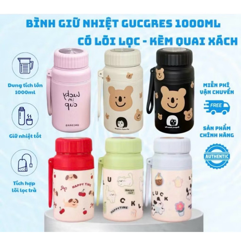 Bình Giữ Nhiệt Gucgres 1000ml - Nắp Vặn Kèm Lõi Lọc Trà - Giữ Nóng, Giữ Lạnh Lâu - Tiện Mang Đi Học, Đi Làm