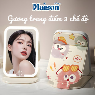 Gương LED 3 Chế Độ Sáng Đèn Cảm Ứng MAISON, Gương Trang Điểm Để Bàn Kèm Dây Sạc Họa Tiết Dễ Thương