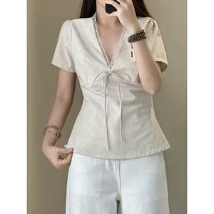 Áo kiểu linen xinh cổ V form fit dáng viền ren mùa hè phong cách hàn quốc M217