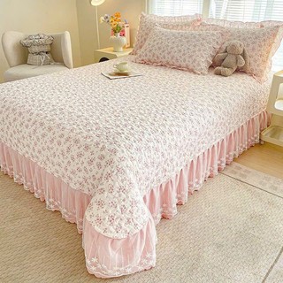 Bộ Chăn Ga Gối Cotton Hàn Ren Trắng, Sét 4 Món Ga Phủ Viền Bèo Ren Trắng Trần Bông Chun Cài 4 Góc