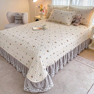 Bộ Chăn Ga Gối Cotton Hàn Ren Trắng, Sét 4 Món Ga Phủ Viền Bèo Ren Trắng Trần Bông Chun Cài 4 Góc