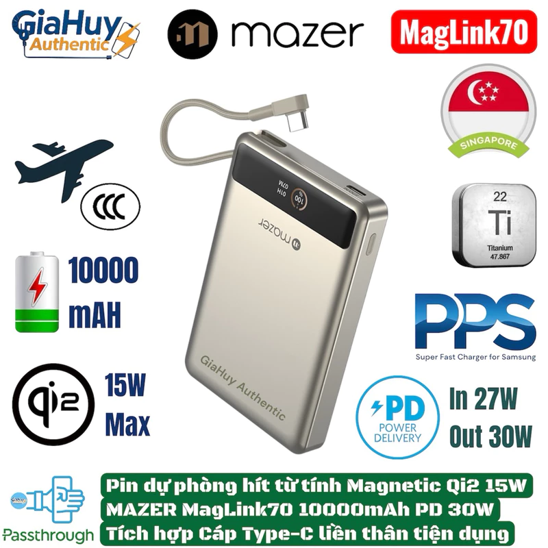 Pin dự phòng hít từ tính Magnetic Qi2 15W MAZER MagLink70 10000mAh | PD 30W | Tích hợp Cáp Type-C liền thân tiện dụng — ảnh 1