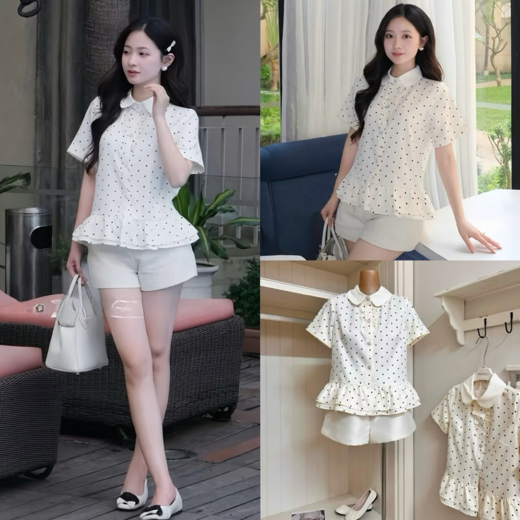 Áo sơ mi cổ sen chấm bi phối viền bèo tiểu thư JOLY, áo kiểu nữ, phong cách hàn